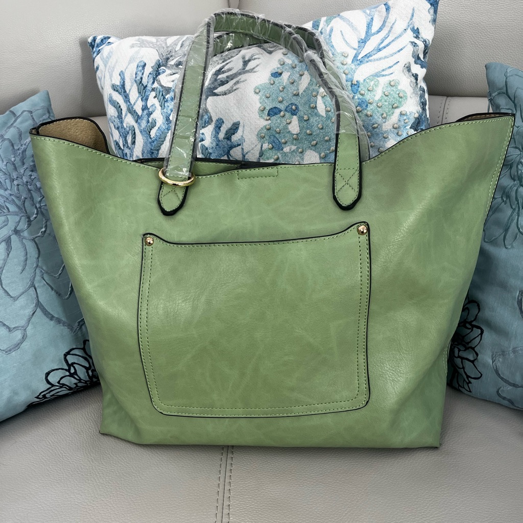 Brand New Faux Leather Xl Green Tote Bag